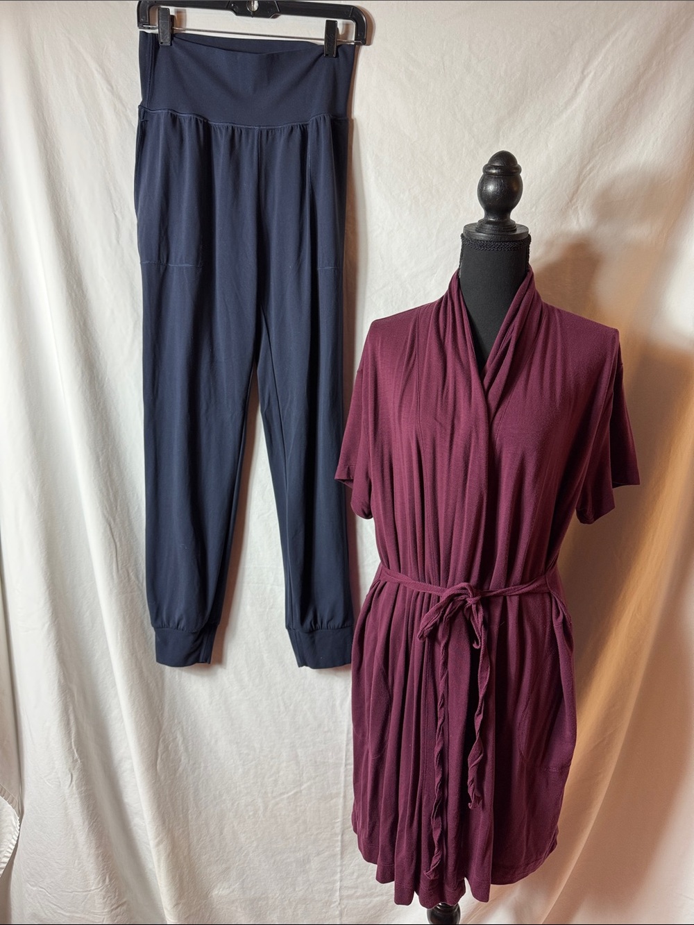 Athleta Navy High-Waist Joggers and Burgundy Wrap Dress or Cover up.